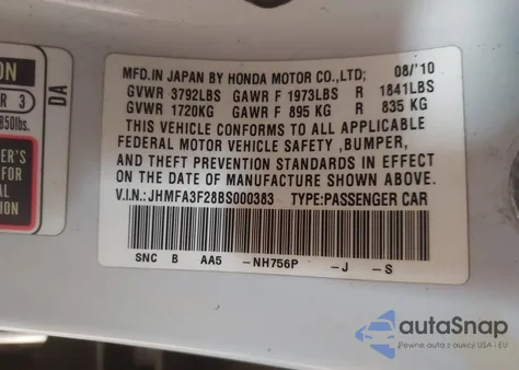 2011 Honda Civic Hybrid из США, поврежденный, VIN JHMFA3F28BS000383